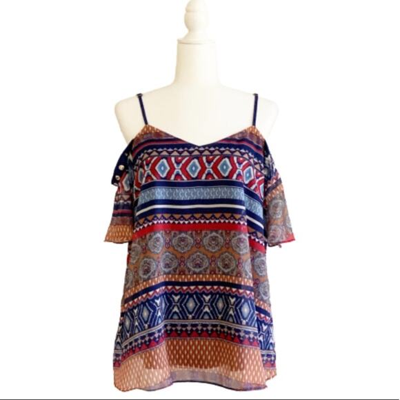 Coco & Carmen Top Blouse Siren Vibrant Print Short Sleeve Cold Shoulder L/XL NEW - Picture 12 of 13